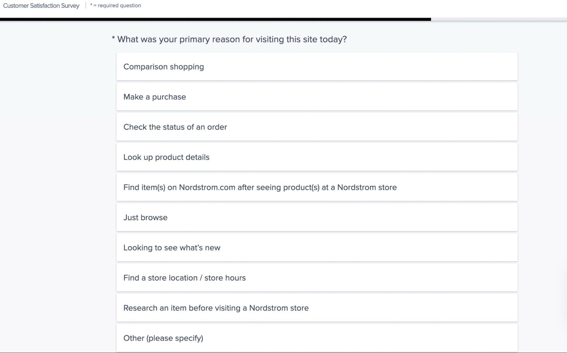 An example of a nominal question from Nordstrom's CSAT survey, asking: what was your primary reason for visiting the site? Followed by a number of  close-ended responses.