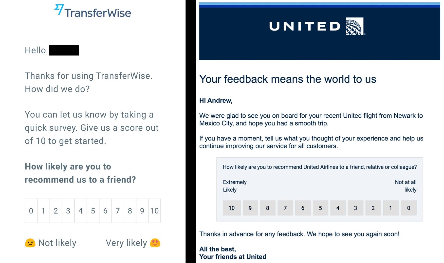 Closed-ended customer feedback survey from United Airlines and TransferWire