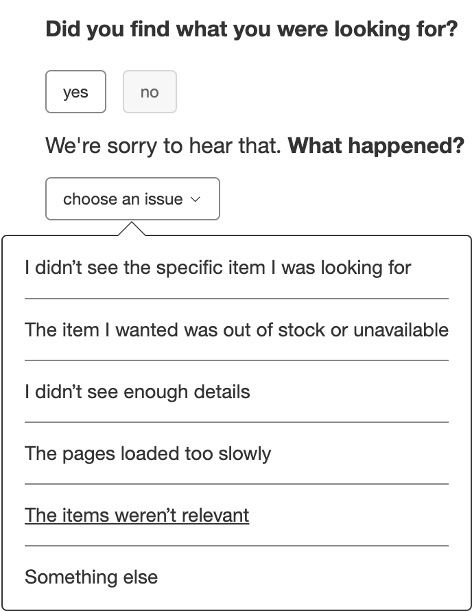 A survey from Target asking if the customer found what they were looking for and in the case they didn't a drop down of reasons why not.