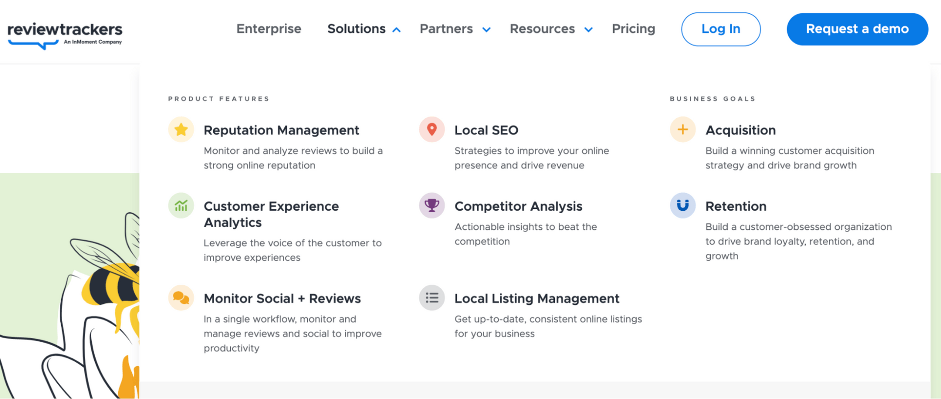 Reviewtrackers.com, with the tab pulldowns displayed including Reputation Management and Local Listing Management