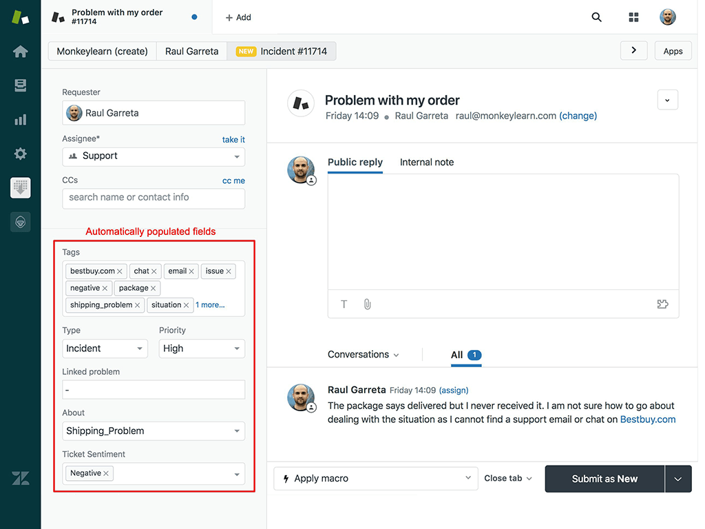 MonkeyLearn analyzing a customer support ticket in Zendesk and tagging it multiple tags, like 'negative' and 'shipping problem'