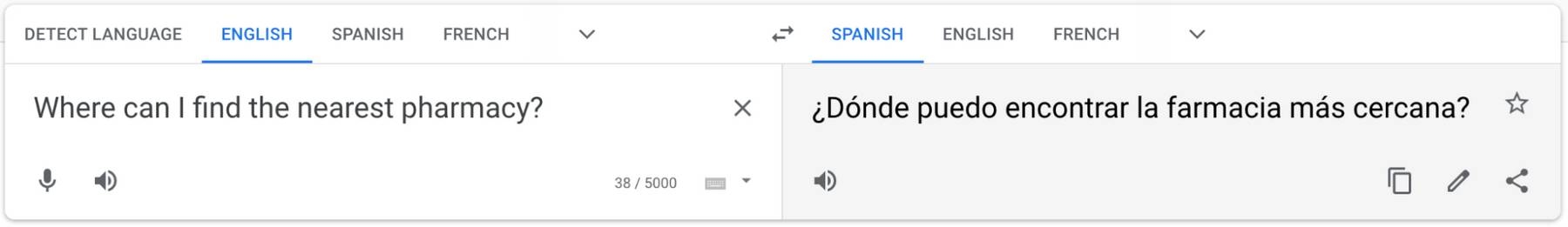 A English to Spanish Google translation of 'Where can I find the nearest pharmacy?' to '¿Dónde puedo encontrar la farmacia más cercana?'