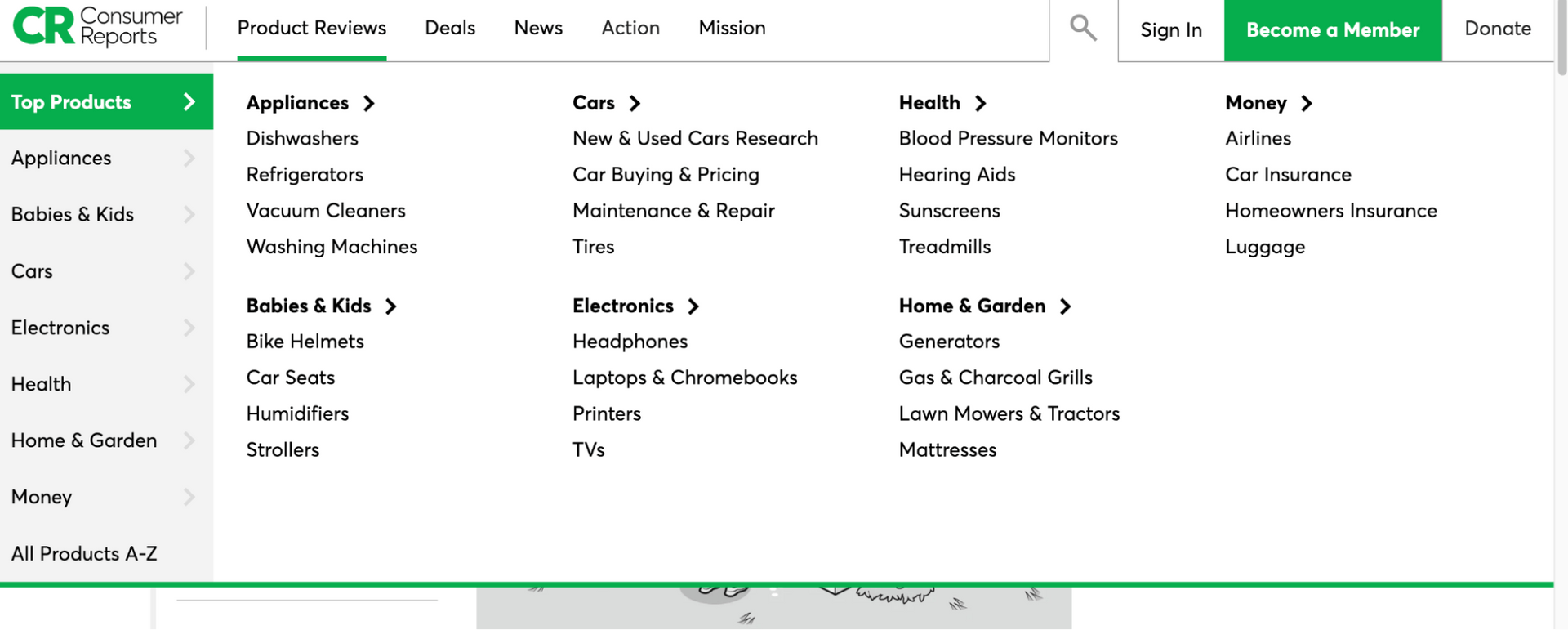 The Consumer Reports homepage with the Top Products tab on the left selected. Subcategories on the page include Appliances and Babies & Kids