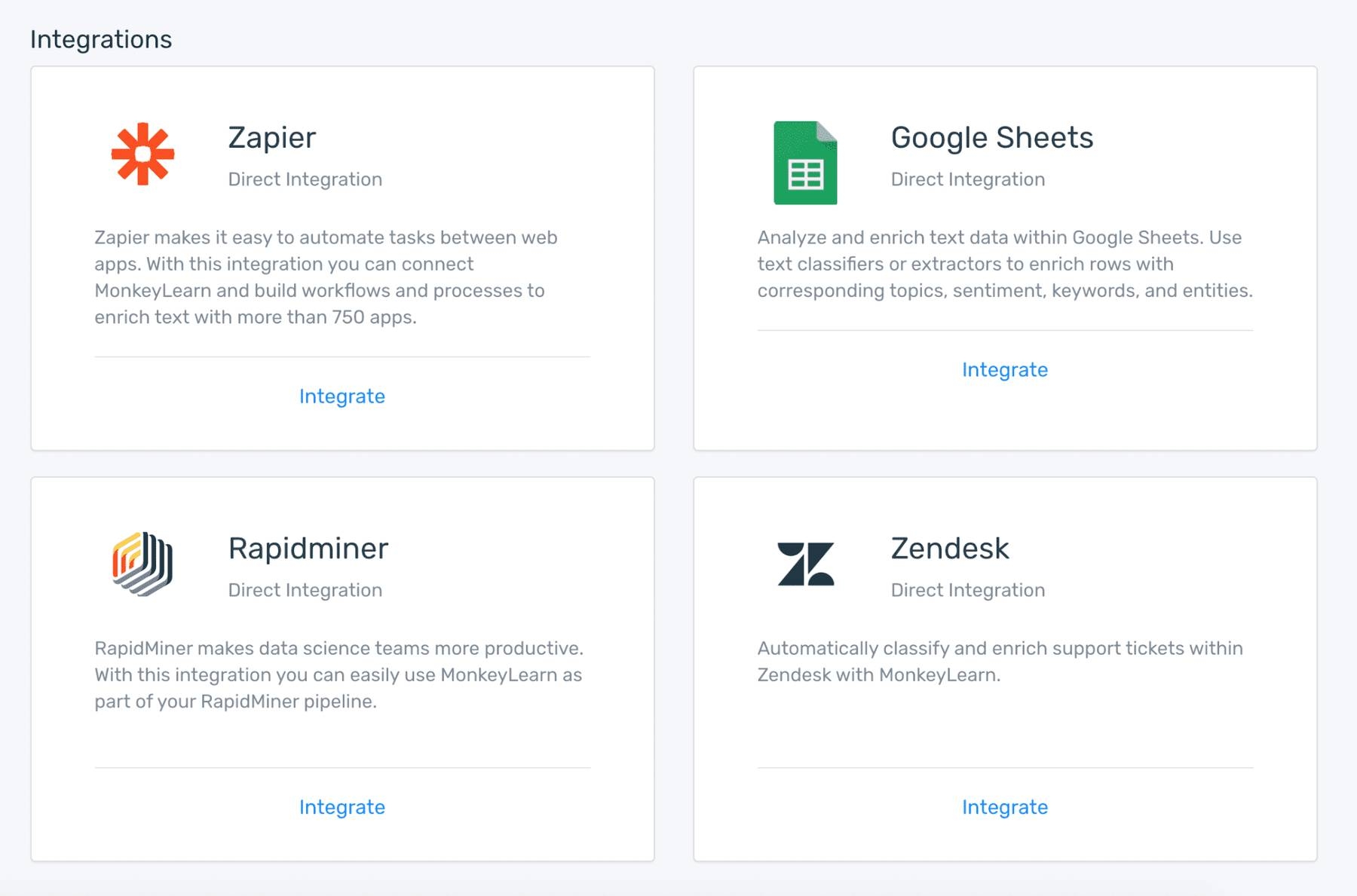 A choice of app integrations: Zapier, Google Sheets, Rapidminer, and Zendesk.