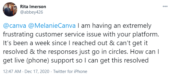 Tweet from a customer referring to a negative customer expereince