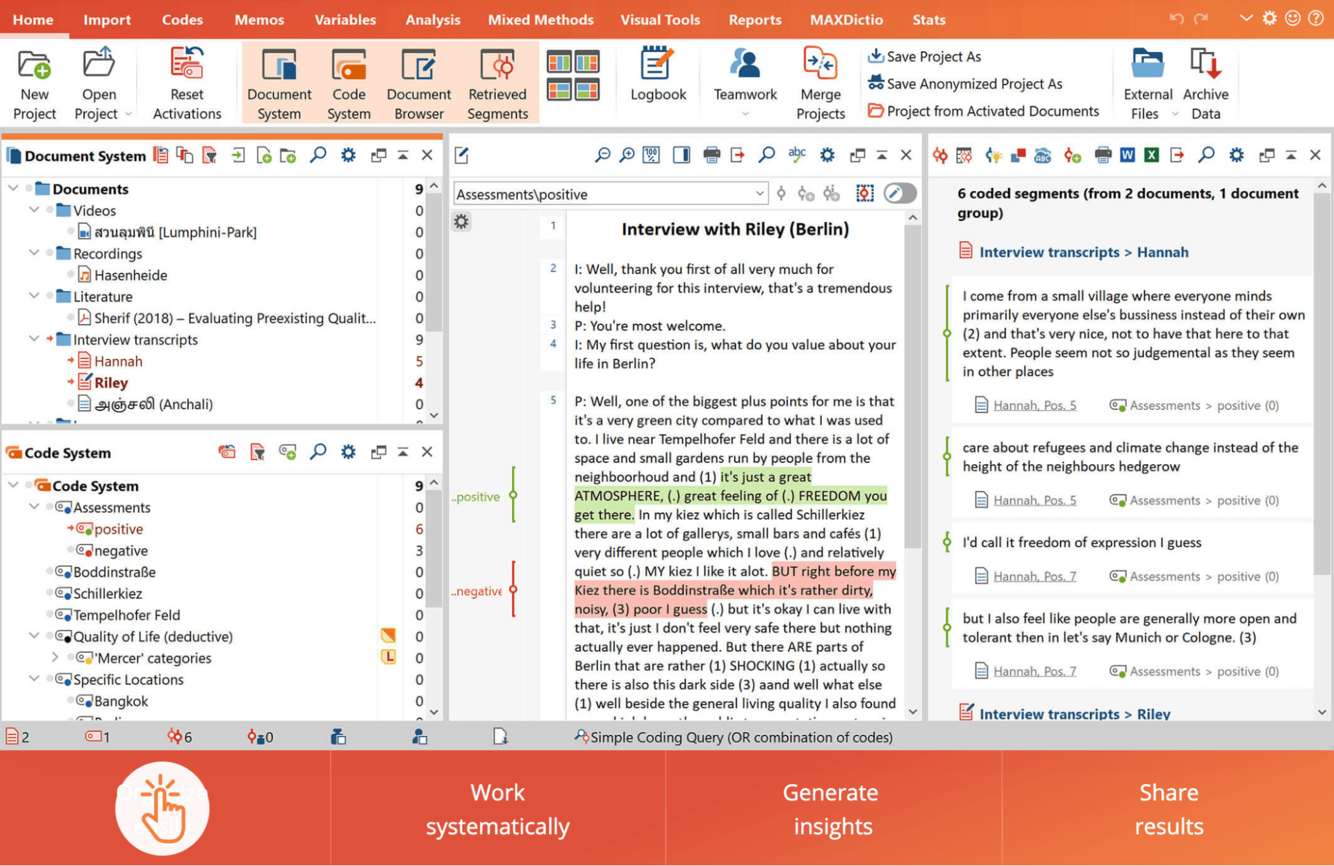 MaxQDA's dashboard showing how to highlight and code text.