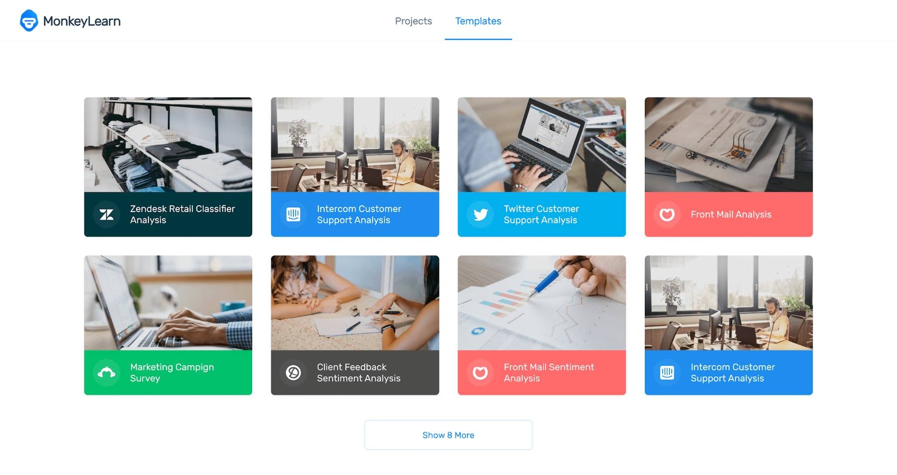 Different options of business templates for MonkeyLearn Studio.