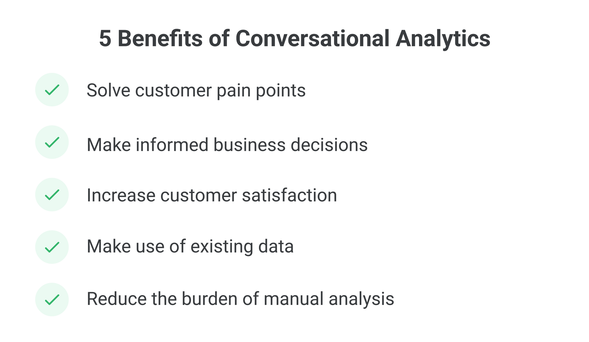 With conversational analytics you can solve customer pain points, make informed business decisions, increase customer satisfaction, make use of existing data, and reduce the burden of manual analysis.