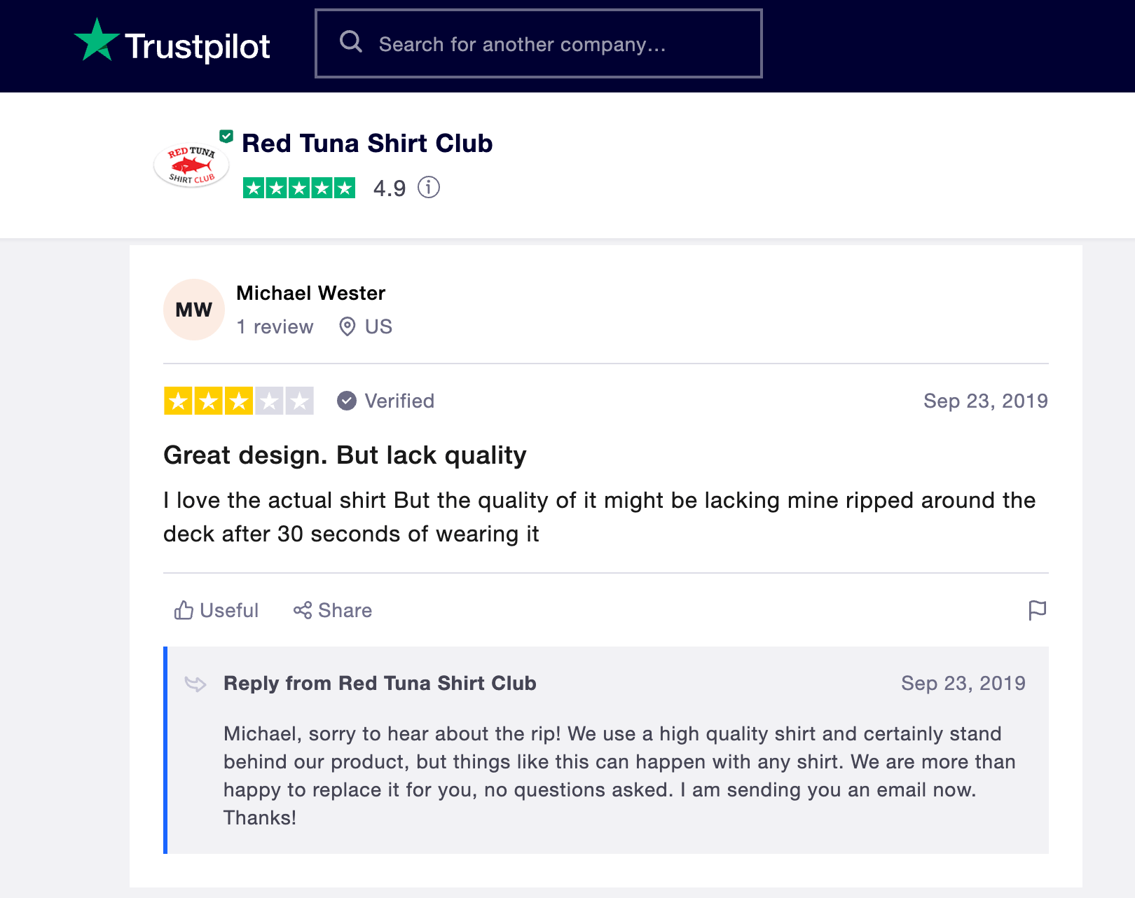 A Trustpilot review for the Red Tuna Shirt Club stated great design but lacking quality with a response from the company.