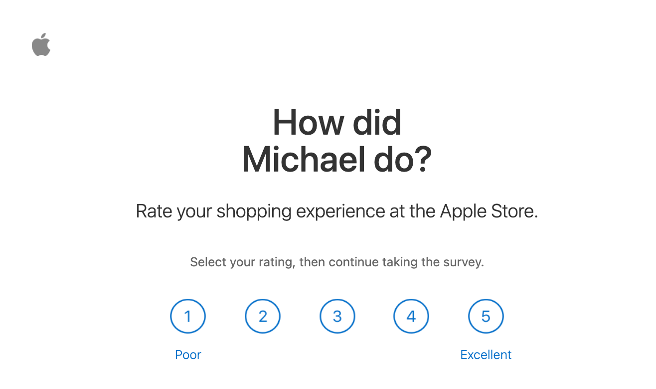 Satisfaction Survey from Apple asking customer to rate experience.