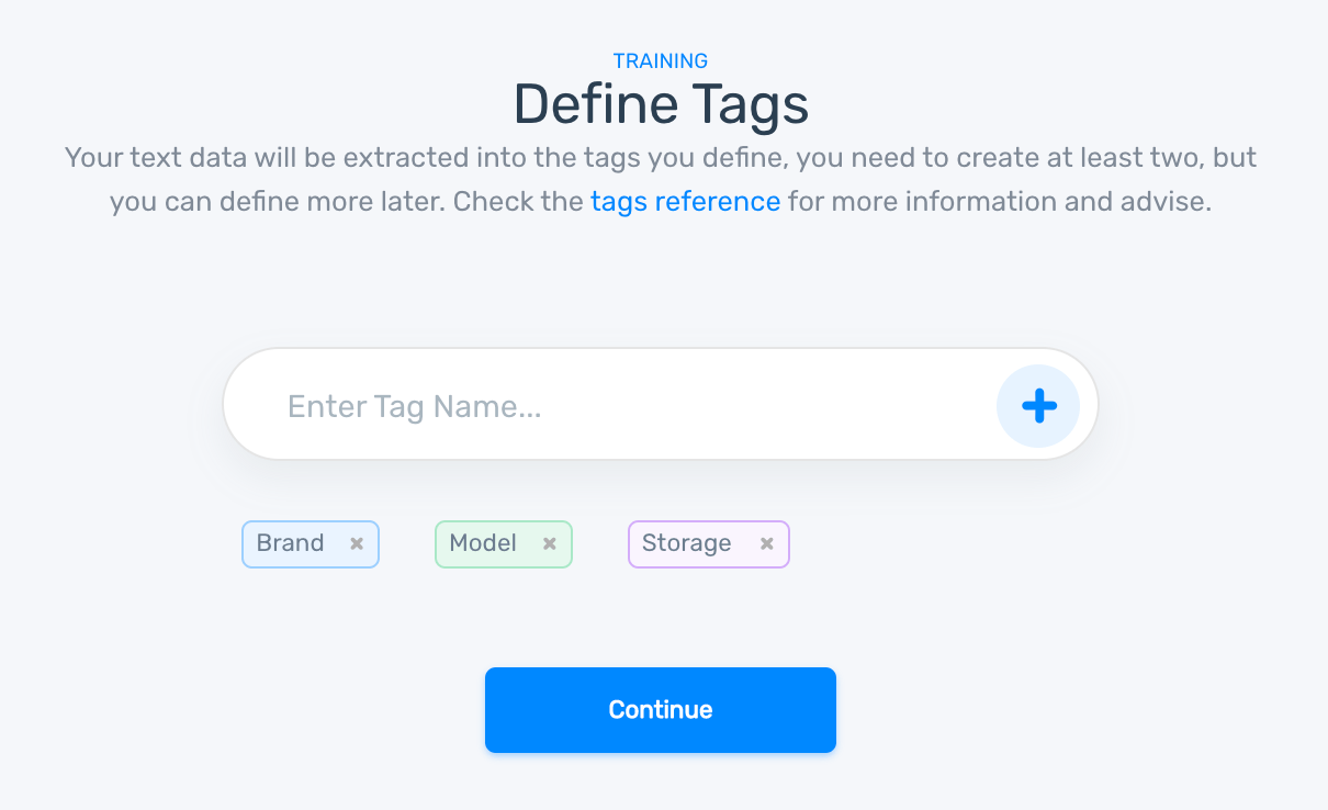 Defining tag names in the training tab.