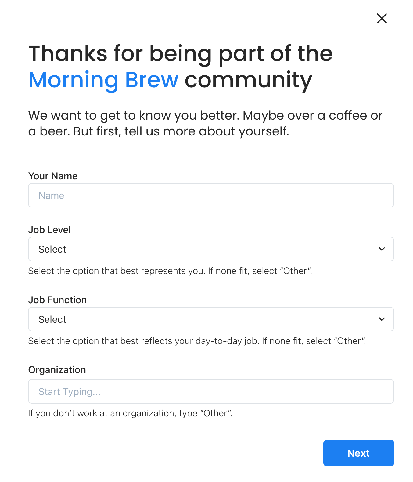 Personal information survey from Morning Brew