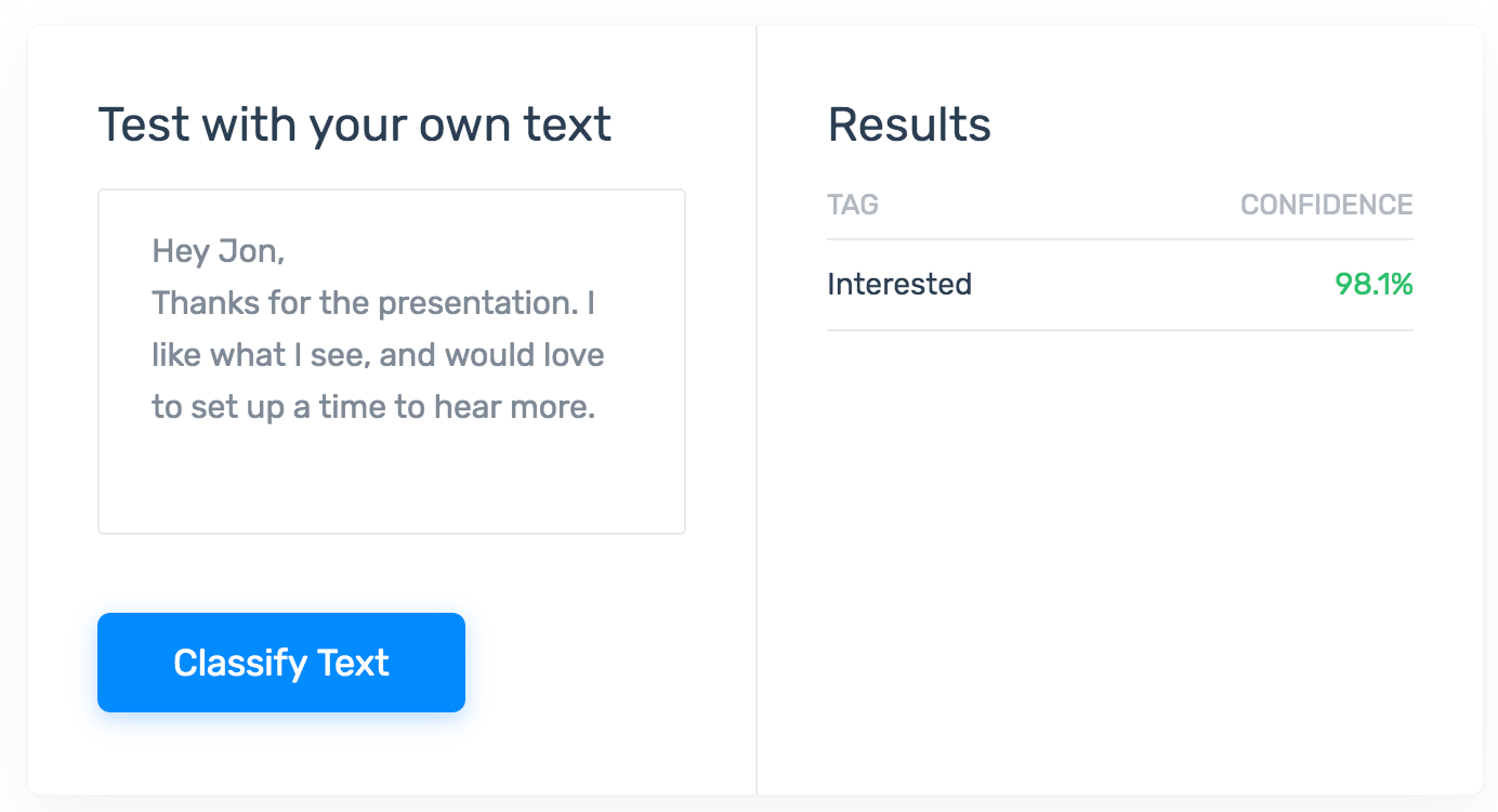 Email Intent Classifier classifying the text: 'Hey Jon, Thanks for the presentation. I like what I see, and would love to set up a time to hear more.' as 'Interested.'