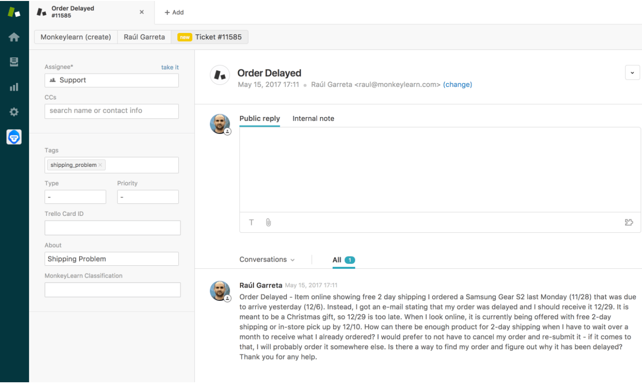 MonkeyLearn analyzing and tagging a ticket with the topic 'Shipping Problem' in Zendesk.