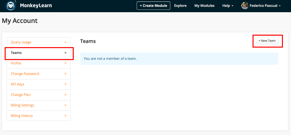 Create new teams within MonkeyLearn to manage your machine learning modules