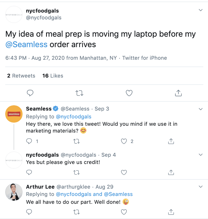 Positive tweet mentioning food delivery app Seamless. 