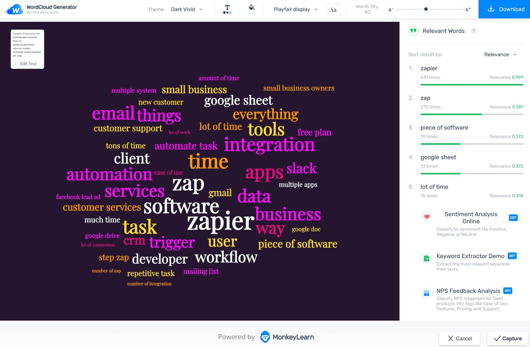 MonkeyLearn's word cloud customized by color and word quantity