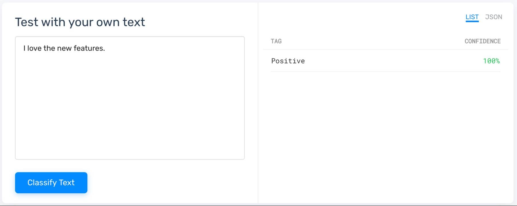 Testing the sentiment analysis model. Text, 'I love the new features,' automatically tagged as 'Positive.'